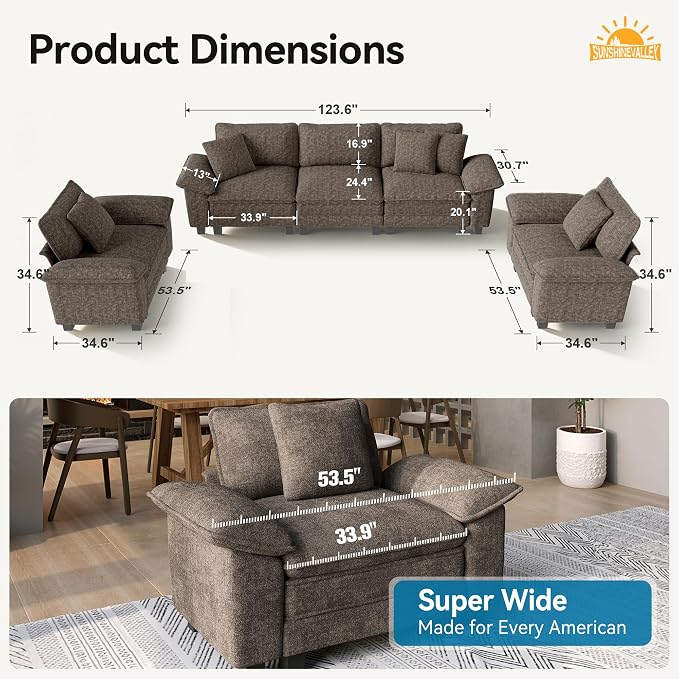 SUNSHINE VALLEY 3 Piece Living Room Sofa Furniture Set, Oversized Chenille 2 - Image 8