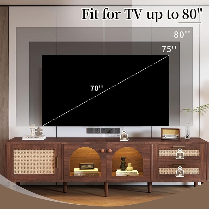 Merax Rattan TV Stand with LED Lights, Solid Wood Feet, Living Room, Bedroom - Image 2