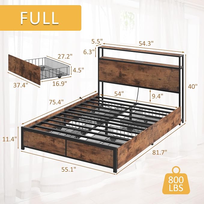 Lifezone Full Bed Frame with 2-Tier Storage Headboard, Metal Platform Bed Frame - Image 2