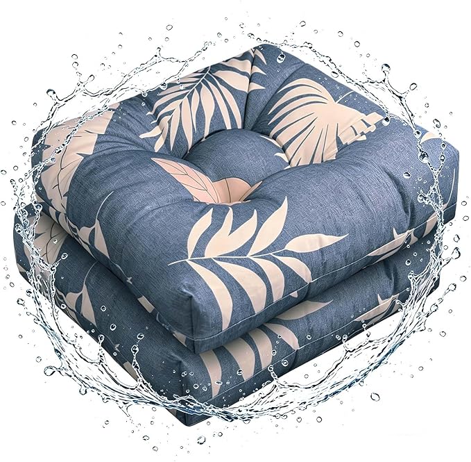 Set of 2 Outdoor Floral Square Seat Cushions Waterproof Patio Seat Pad Blue by DetailsMakeLifeMoreSoft