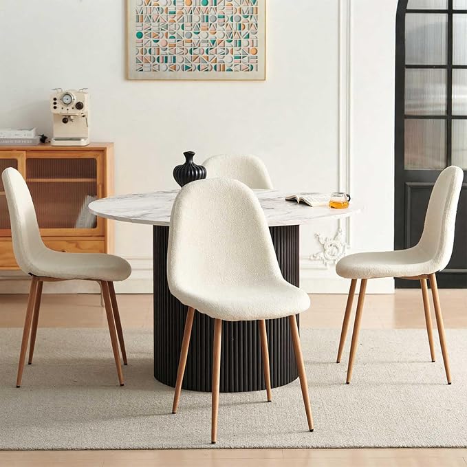 Dining Table Set for 4, Mid Century Modern 47 Inch White Marble-Look Wooden - Image 8