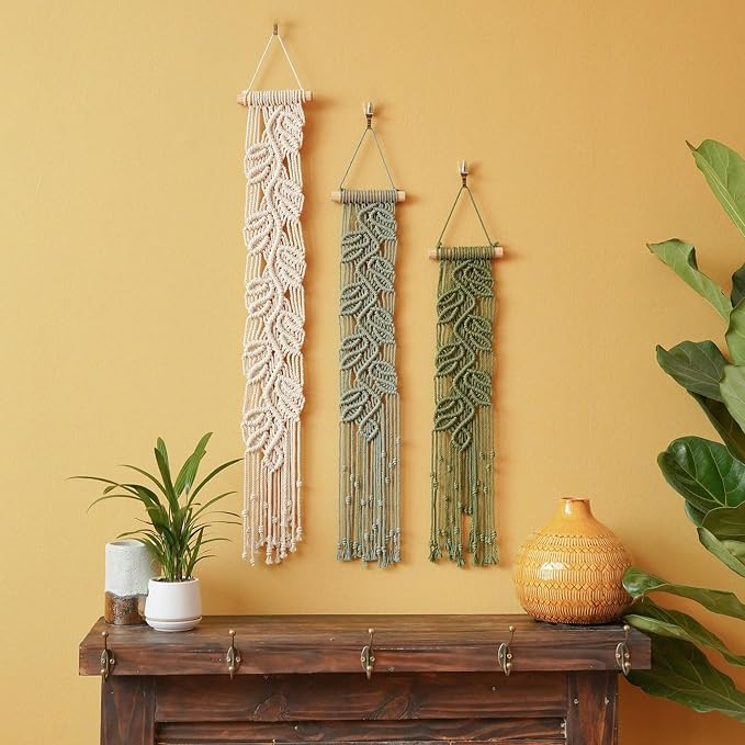 M MANUAL 3 Pcs Macrame Leaf Wall Hanging Bohemian Wall Decor Feathers Wall Art - Image 2