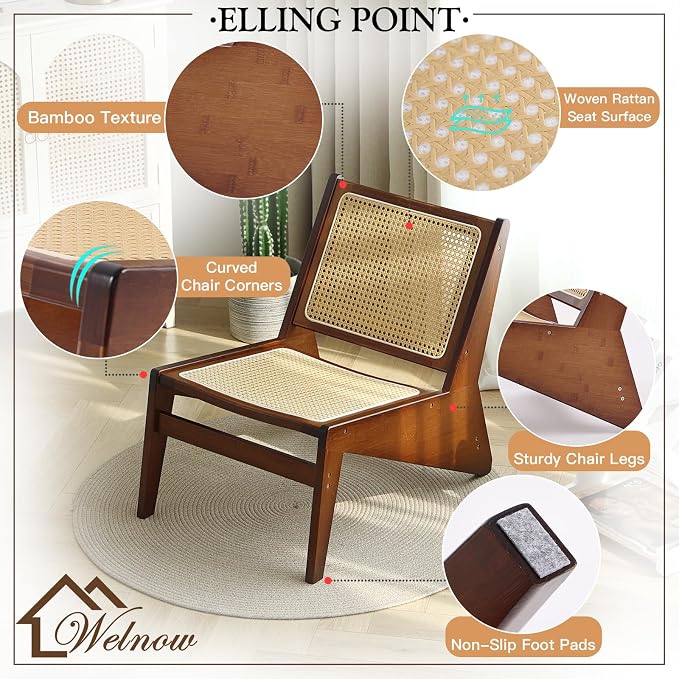 Welnow 2-Pcs Mid Century Rattan Accent Chair, Bamboo Wood Lounge Chair - Image 4