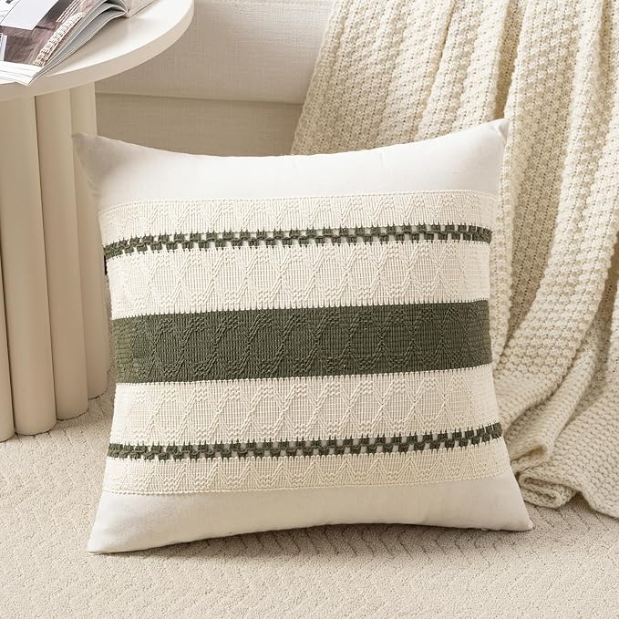 Fancy Homi Set of 1 Boho Olive Green Decorative Throw Pillow Cover 16x16 Inch by Fancy+Homi