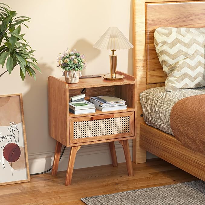 Lerliuo Rattan Nightstand with Charging Station, Side Table with Drawer - Image 2