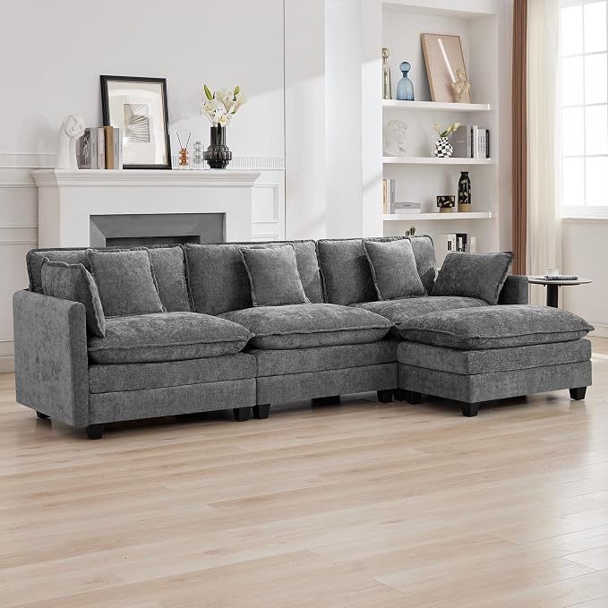 111'' Sectional Cloud Deep Seat Couch, Modern Comfy Chenille L Shaped Sectional by WUTUTUEE