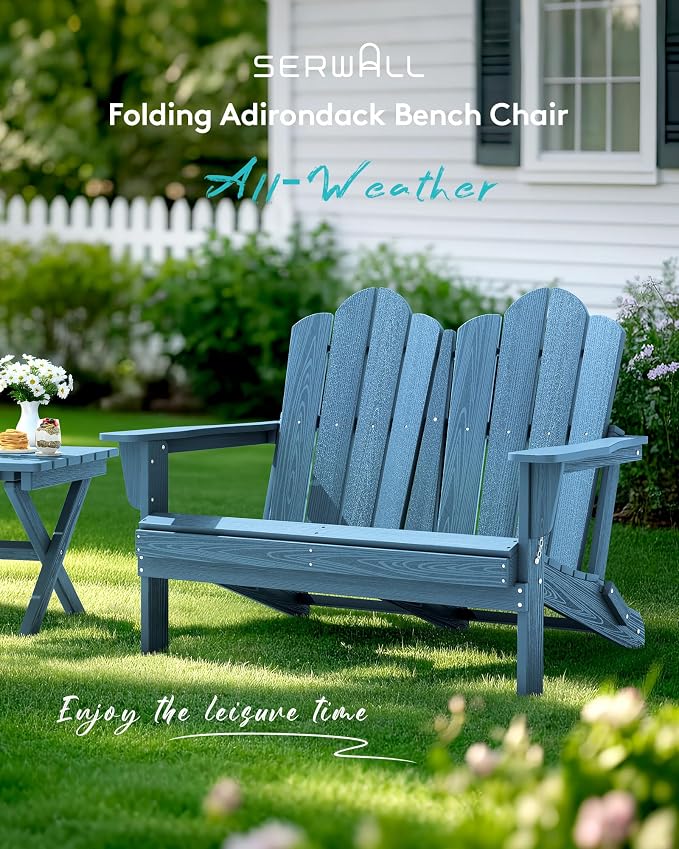 SERWALL Folding Adirondack Bench, HDPE All-Weather Adirondack Loveseat Set of 2 - Image 2