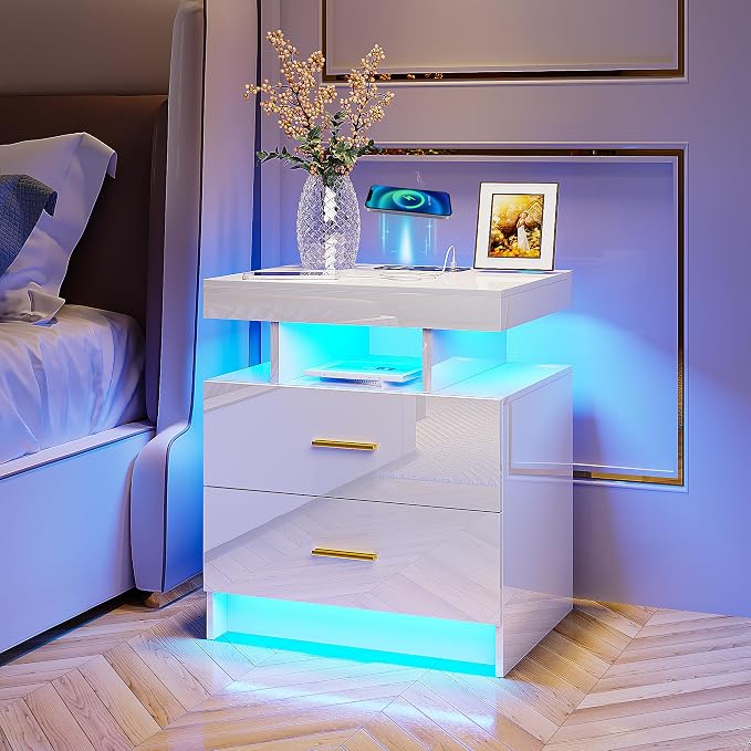 HNEBC Auto LED Nightstand with Wireless Charging Station & USB Ports, High by HNEBC