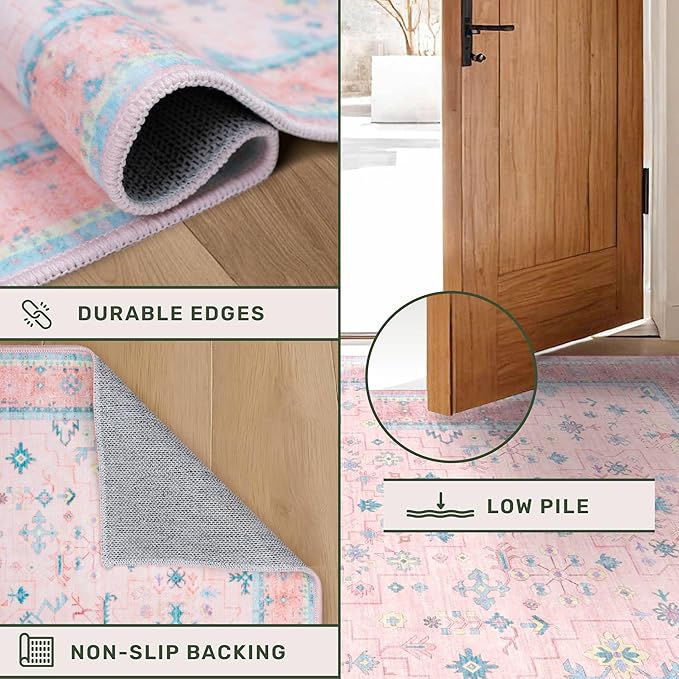 Washable Pink and Blue 6x8 Boho Rugs - Image 5