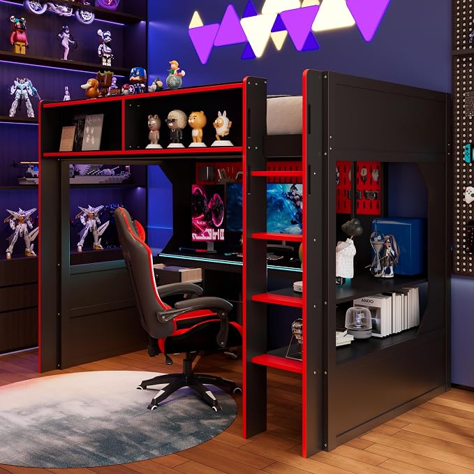 Modern Gaming Loft Bed with Built-in Desk, LED Lighting & Charging Hub –Twin - Image 4