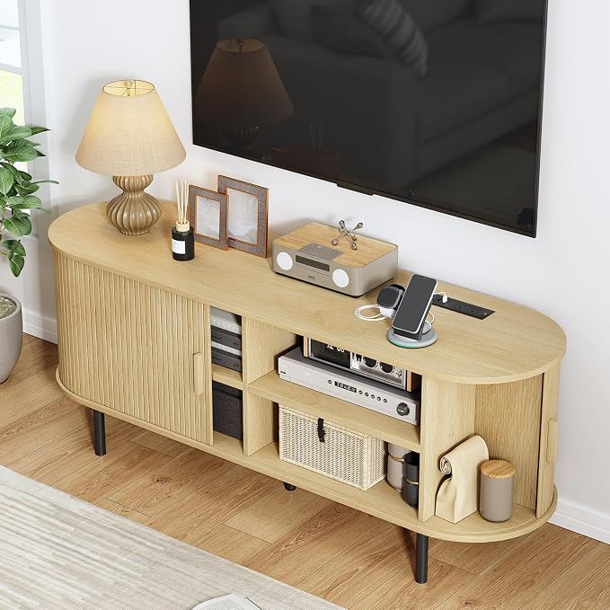 55" TV Stand with Power Outlet, Modern Media Console with Sliding Doors - Image 3