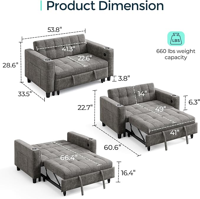 LINSY 54" Pull Out Couch with Charging Station, Small Sleeper Sofa Bed with Cup - Image 2