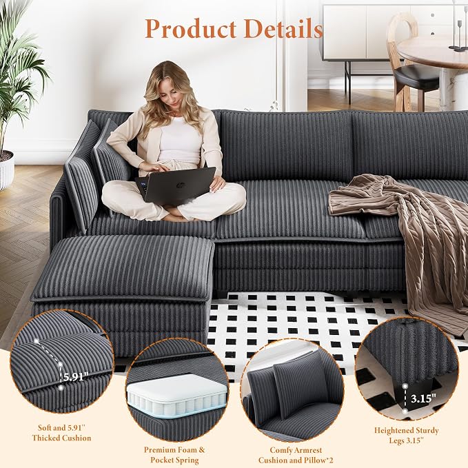 Vesgantti 109" L Shaped Cloud Sectional Couch, Comfy Corduroy Upholstered - Image 3