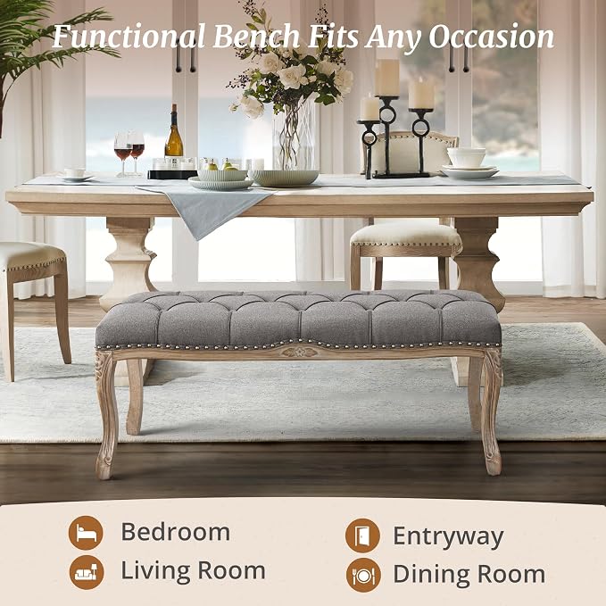 Cozyman Bedroom Bench, French Vintage Tufted Entryway 45.2" Carving Upholstered - Image 5