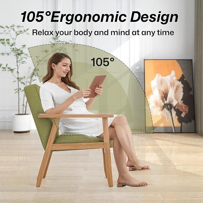 Modern Accent Chair with Wooden Table, Upholstered Linen Fabric Leisure Chair - Image 4
