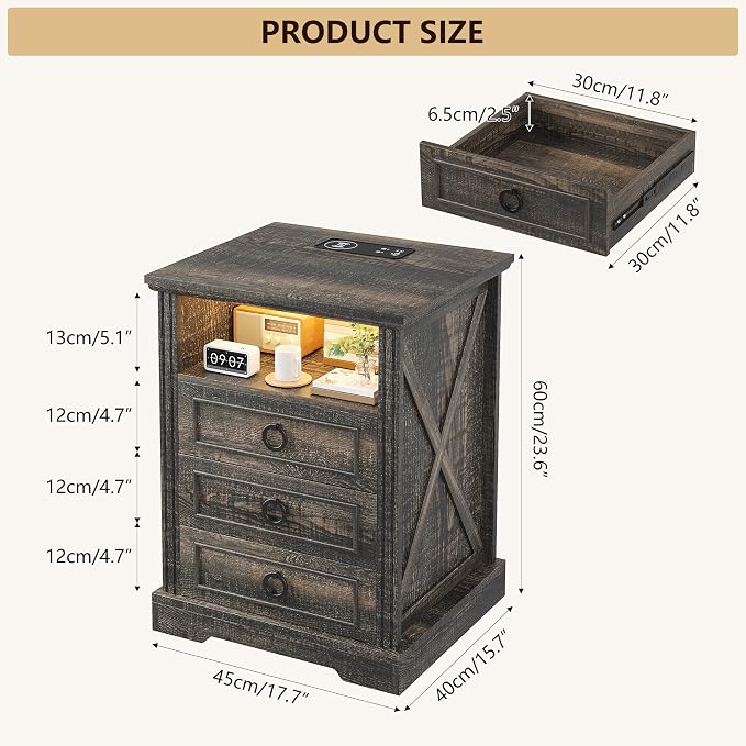 Nightstand Set 2 with Charging Station, Farmhouse End Side Table with 3 Drawers - Image 2