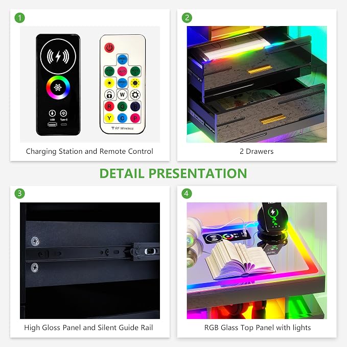 HNEBC RGB Nightstand with Wireless Charging Station, LED Night Stand with - Image 7