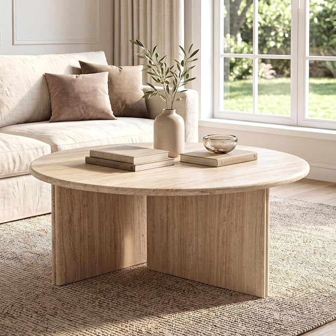 HNY Modern Round Coffee Table Marble Veneer Wood Center Table 31.5" Faux by HNY