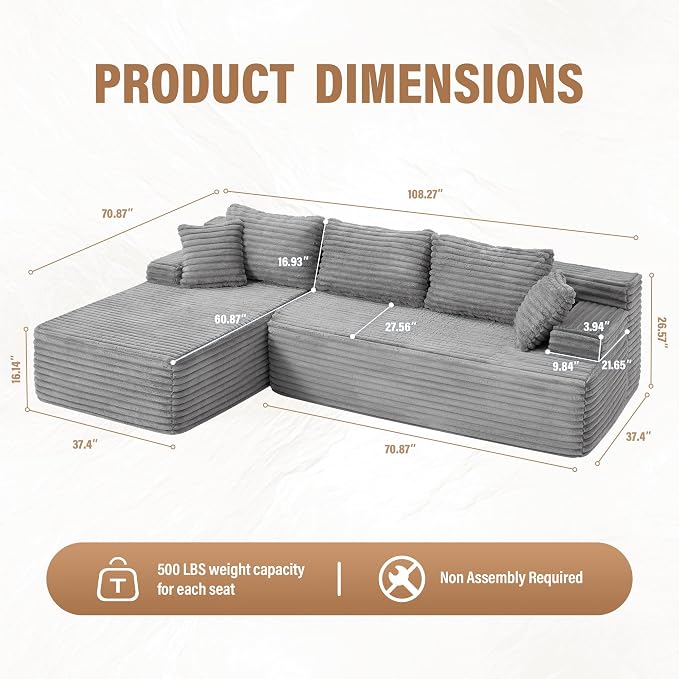 Hobestluk Modular Sectional Sofa Couches L-Shape Couch 3 Seat Modular Sofa - Image 2