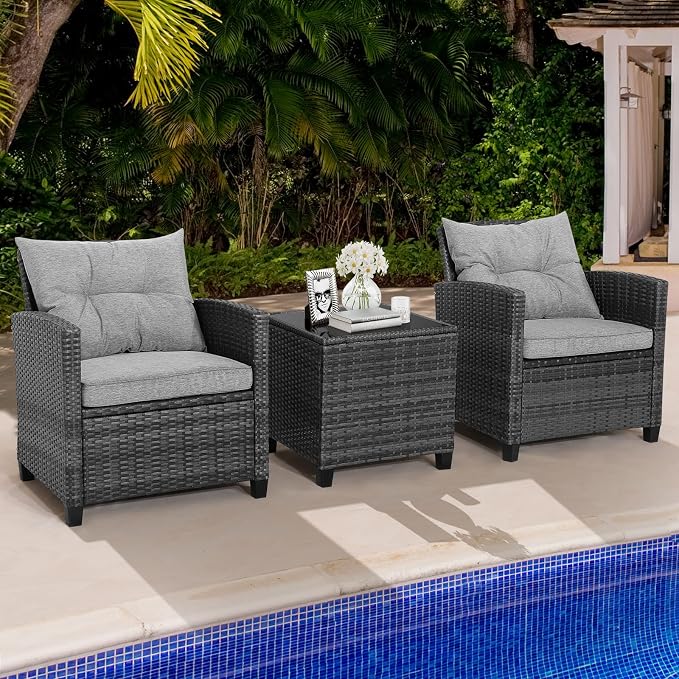 HAPPYGRILL 3 Pieces Patio Conversation Set, Outdoor Furniture Set PE Rattan - Image 3