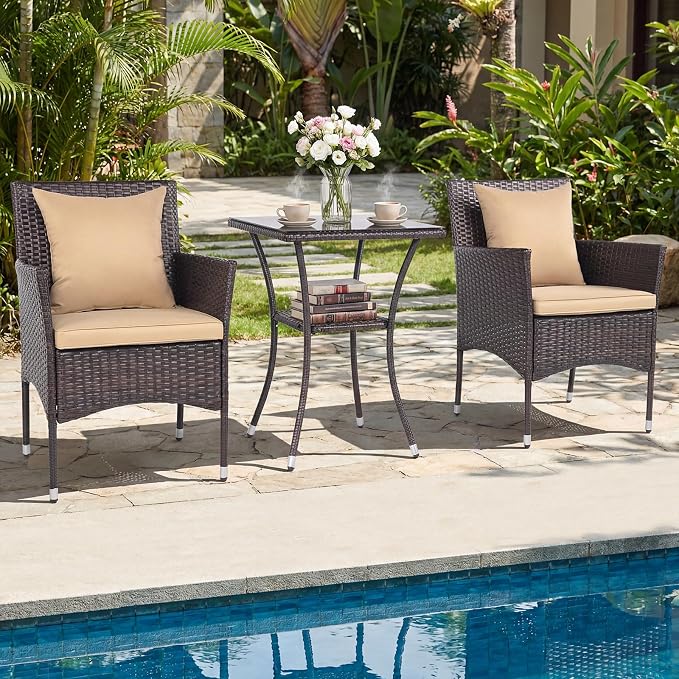 Tangkula 3 Pieces Patio Wicker Bistro Set, 2 Rattan Chairs w/ 2-Tier Tempered - Image 3