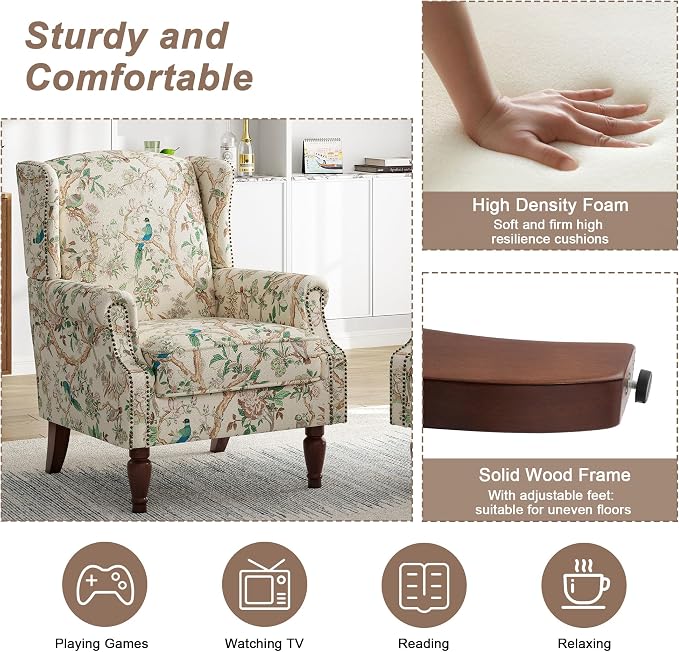 Pia Ricco Set of 2 Floral Accent Chairs, High Back Upholstered Armchairs - Image 4