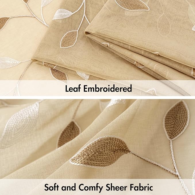 MIULEE Khaki Sheer Curtains 2 Panels Embroidered Leaf Patterned Rod Pocket - Image 3