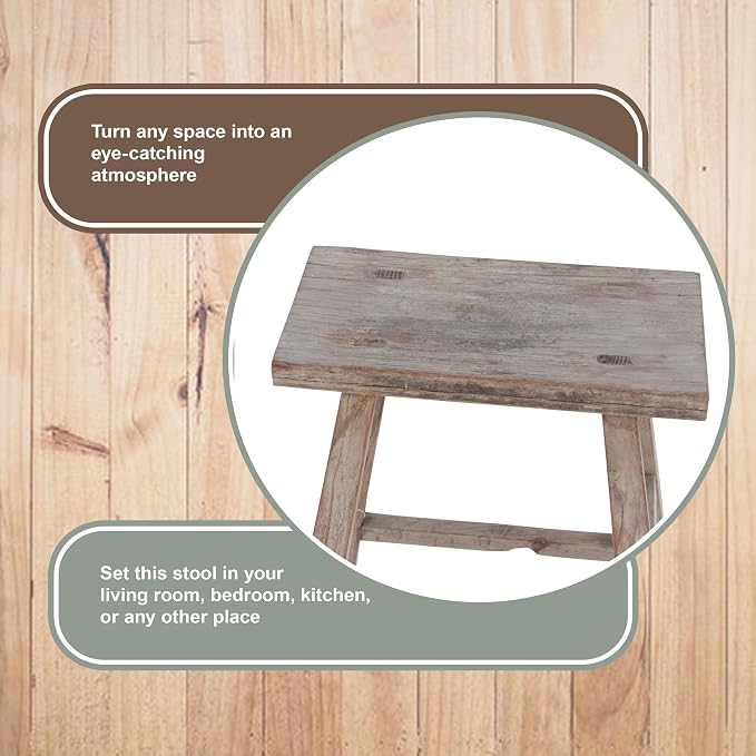 Artissance Vintage Wooden Stool, Solid Natural Wood 12–20" W x 6–9" D x 18–22" H - Image 11