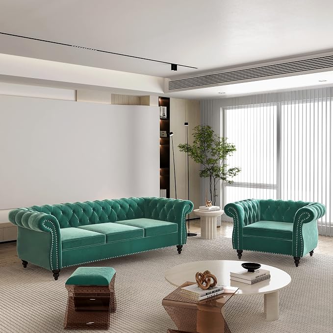 2 Piece Living Room Set, Velvet Chesterfield Sofa Couch Chair by ORRD