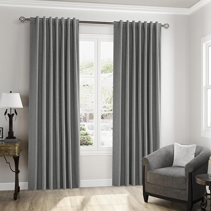 Guken Dark Grey 100% Blackout Linen Curtains 102 Inch Length 2 Panels Set - Image 8