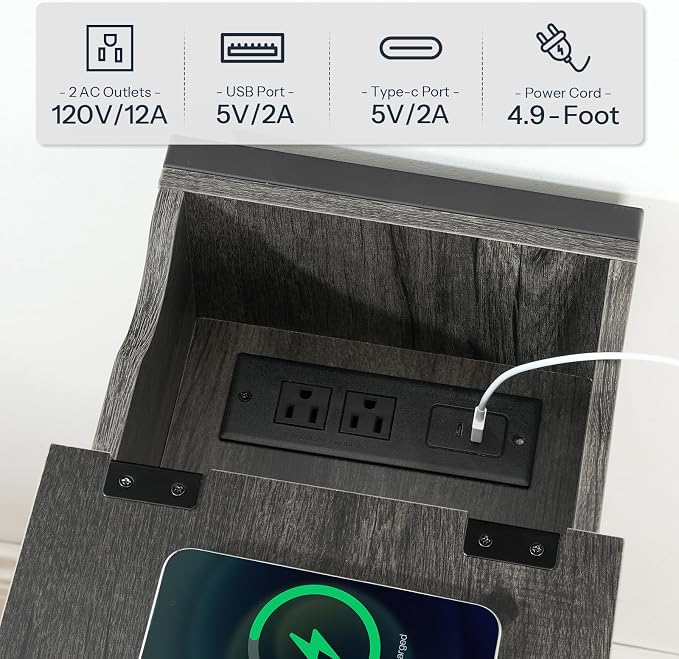 HOOBRO End Table with Charging Station, Narrow Side Table, Flip Top Nightstand - Image 6