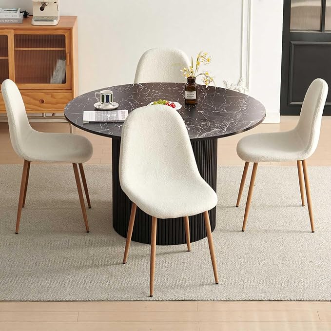 Dining Table Set for 4, Mid Century Modern 47 Inch Black Marble-Look Wooden - Image 8