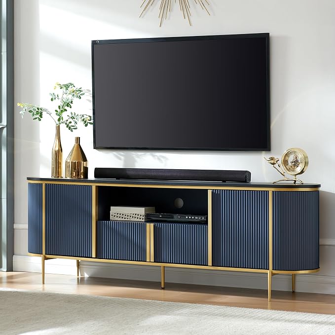 OKD 70" Fluted TV Stand with Storage, Faux Marble Top Entertainment Center by OKD