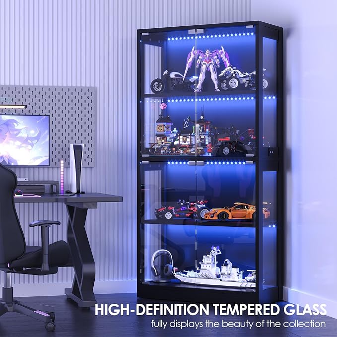 Airynee Display Cabinet with Glass Doors, 4-Tier Curio Cabinet with 7 Vibrant 3 - Image 3
