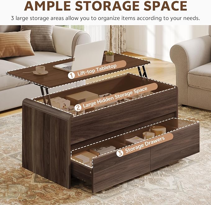 Coffee Table Lift Top with 2 Drawers, 40 Inch Multi-Function Coffee Table with - Image 4