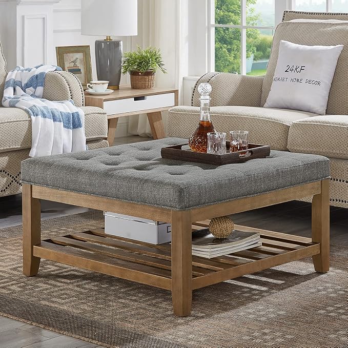 24KF Large Square Upholstered Tufted Linen Ottoman Coffee Table, Large Footrest by WEMARTHOMEDECOR