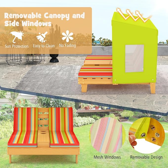 HONEY JOY Kids Chaise Lounge Chair Outdoor, Toddler Wood Double Pool Lounger - Image 5