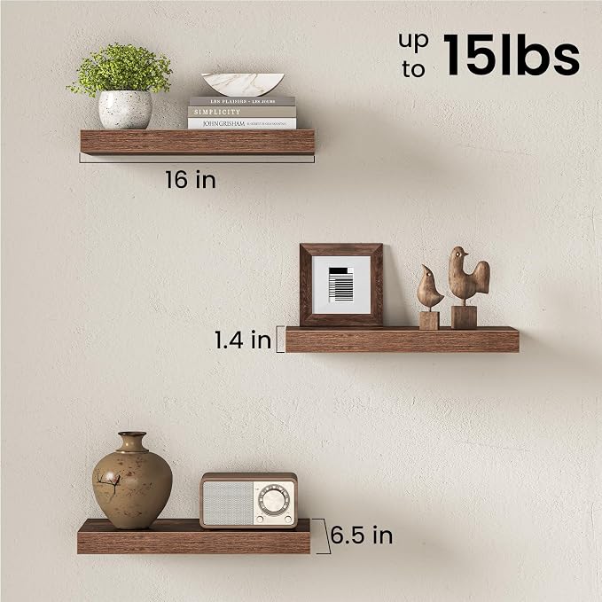 Fun Memories 16 Inch Floating Shelves Wall-Mounted, Engineered Wood Wall Shelves - Image 3