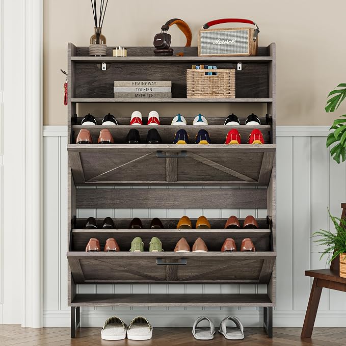 BORNOON Shoe Cabinet with 2 Flip Drawers Narrow Shoe Storage Organizer Wooden - Image 7