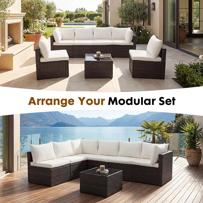 DUMOS 7 Piece Outdoor Patio Sectional Sofa, Modular Wicker Furniture Set - Image 7
