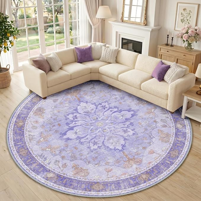 RELEANY Area Rugs Round 10ft Washable Non-Slip, Floral Vintage Distress Print by RELEANY