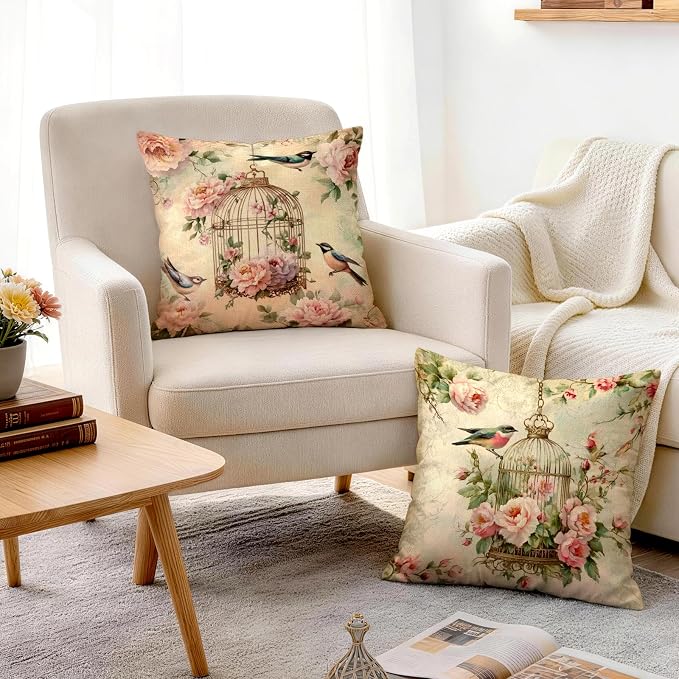 OBSEDE Vintage Throw Pillow Covers Set of 2, 18x18 Inch Pink Rose and Bird Print - Image 7