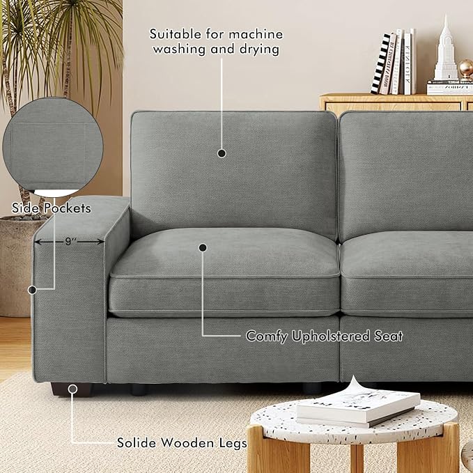 TEKAMON 100" Modular Sofa with Seats Storage, Comfy 3-Seater Chenille Fabric - Image 6