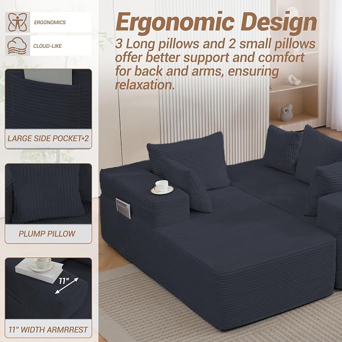 105'' Modular L-Shaped Boneless Sectional, Corduroy Deep Seat Cloud Sectional - Image 4