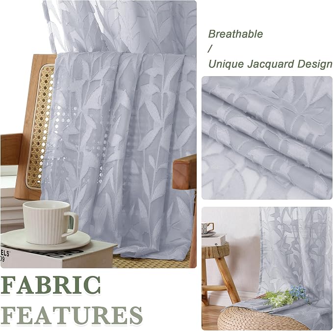 Lecloud Leia Light Grey Semi Sheer Curtains 45 Inch Length 2 Panels, Jacquard - Image 7