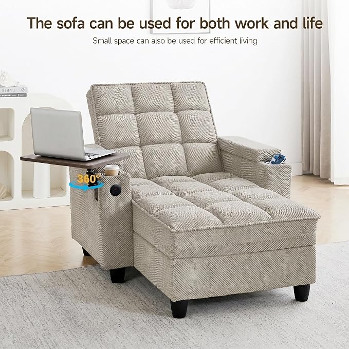 Oversized Recliner Chair with Swivel Tray Table, Modern Tufted Linen Fabric - Image 3