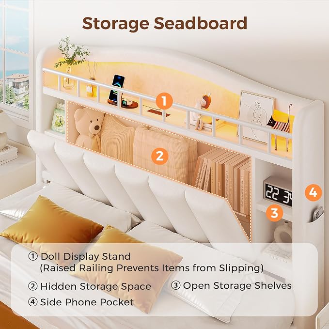 Full Size Bed Frame with LED Storage Headboard & 2 Storage Drawers, Velvet - Image 4