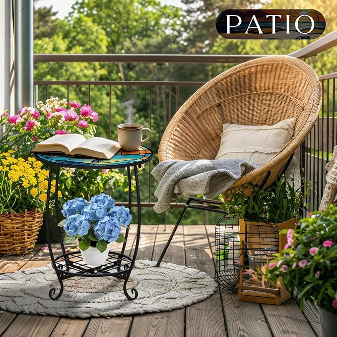 Cinnvoice Outdoor Side Table Round Small Mosaic Patio Accent Indoor End Plant - Image 2