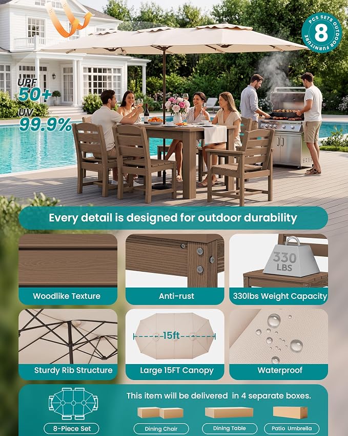SERWALL Patio Dining Set with 15FT Double Side Umbrella, Outdoor Dining Sets - Image 2