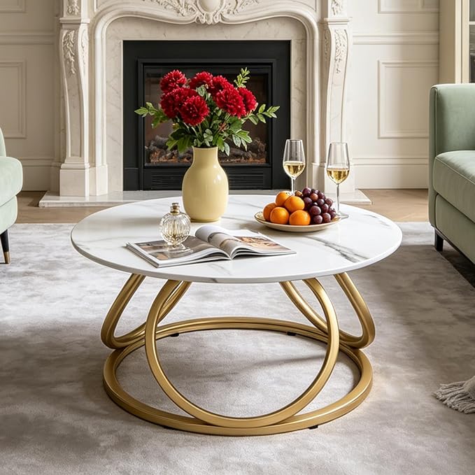 O&K FURNITURE Gold Round Coffee Table, Faux Marble Top - Image 3